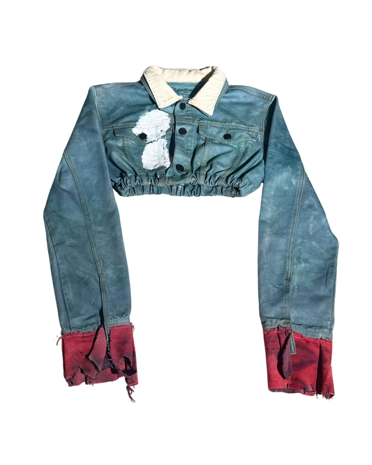 OUTHEWORLD teal cropped jacket with red cuffs, front, 1-of-1 NYFW SS27 by RICHOUTHEBOX