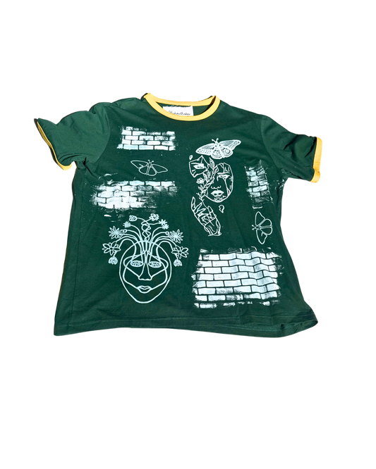 Blooming Artist green stenciled tee, front, 1-of-1 NYFW SS27 by RICHOUTHEBOX