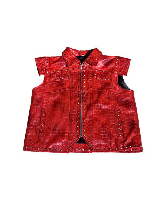 OUTHEBOX red croc-textured studded jacket, front, 1-of-1 NYFW SS27 by RICHOUTHEBOX