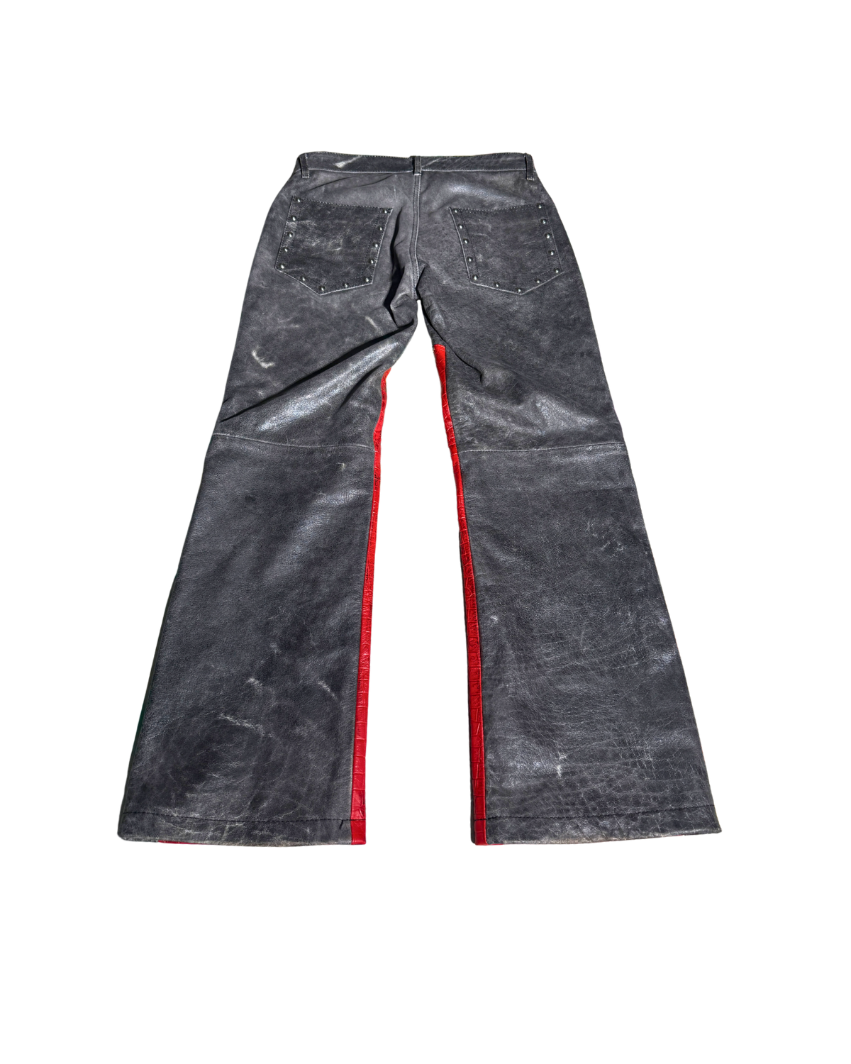 OUTHEBOX charcoal wide-leg pants with red panels, back, 1-of-1 NYFW SS27 by RICHOUTHEBOX