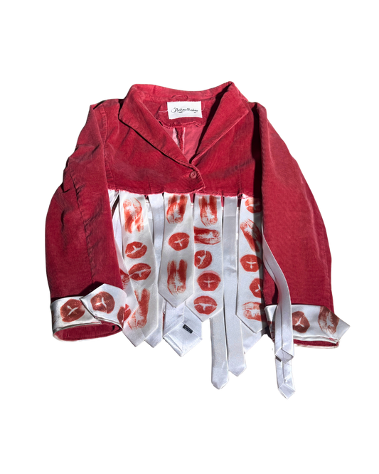 Flow of Love crimson blazer with lip-print ribbon fringe, front, 1-of-1 NYFW SS27 by RICHOUTHEBOX