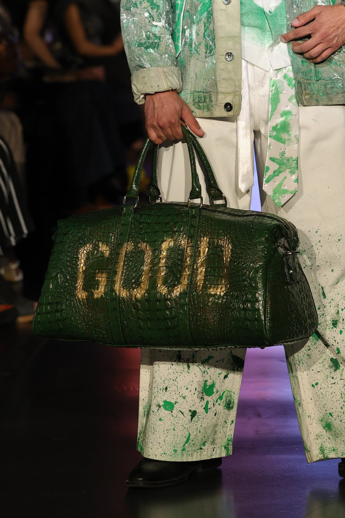 Green crocodile vegan leather GOODIE BAG duffle styled on the NYFW runway