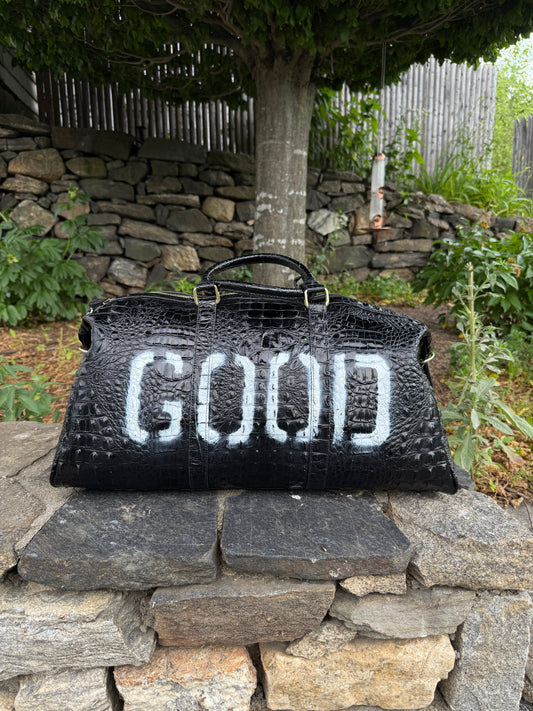Black crocodile-embossed vegan leather GOODIE BAG duffle by RICHOUTHEBOX