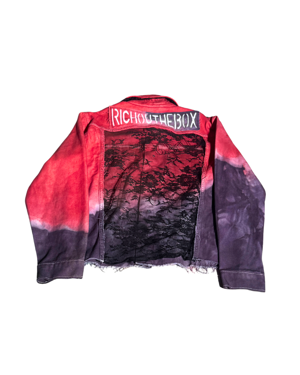 Molten Muse red-to-violet ombré cropped jacket, back with RICHOUTHEBOX lettering, 1-of-1 NYFW SS27
