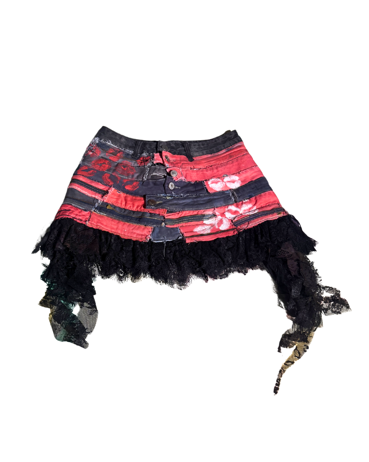 Molten Muse patchwork mini skirt with lace hem, front, 1-of-1 NYFW SS27 by RICHOUTHEBOX