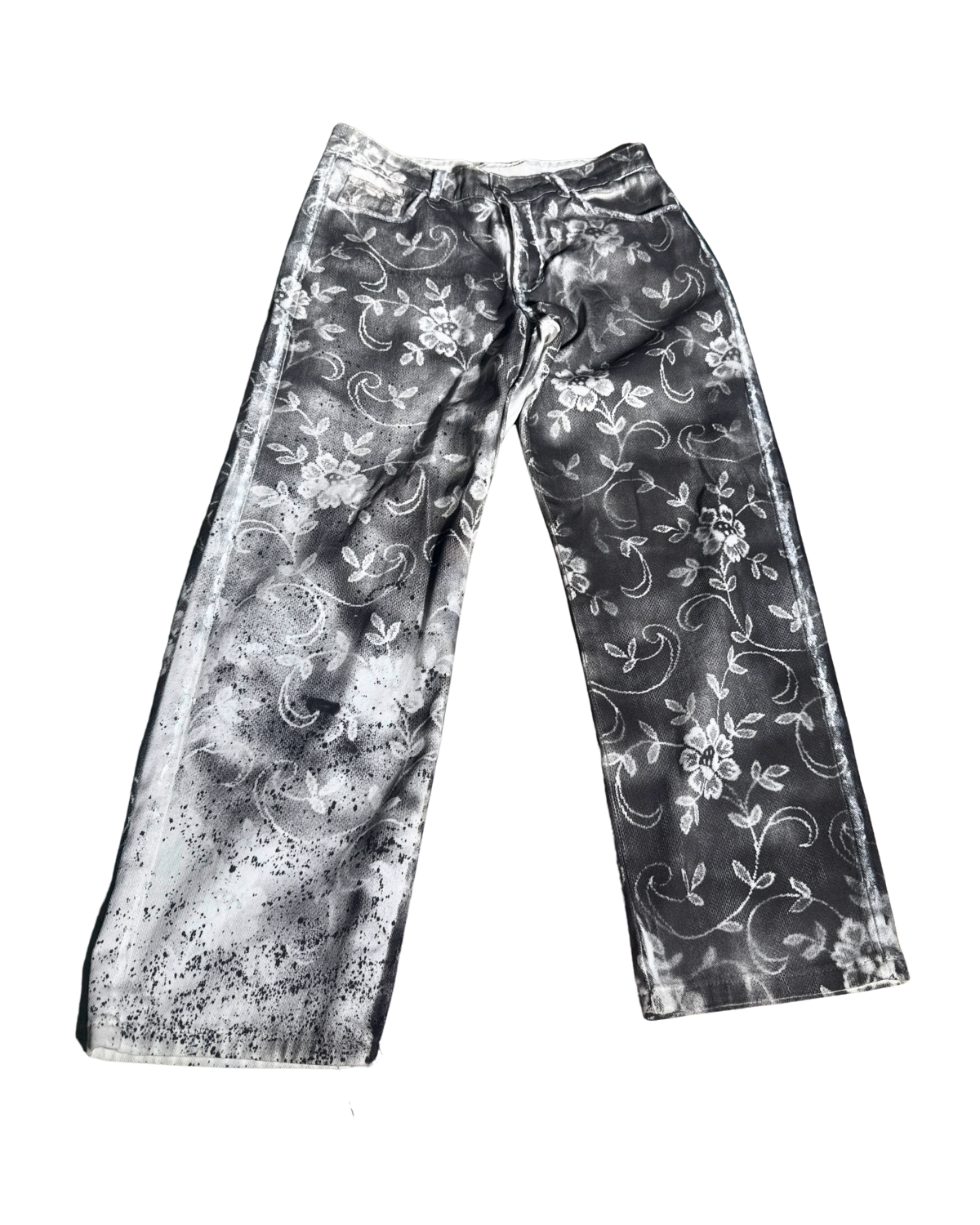 Concrete Flower charcoal and silver floral pants, front, 1-of-1 NYFW SS27 by RICHOUTHEBOX