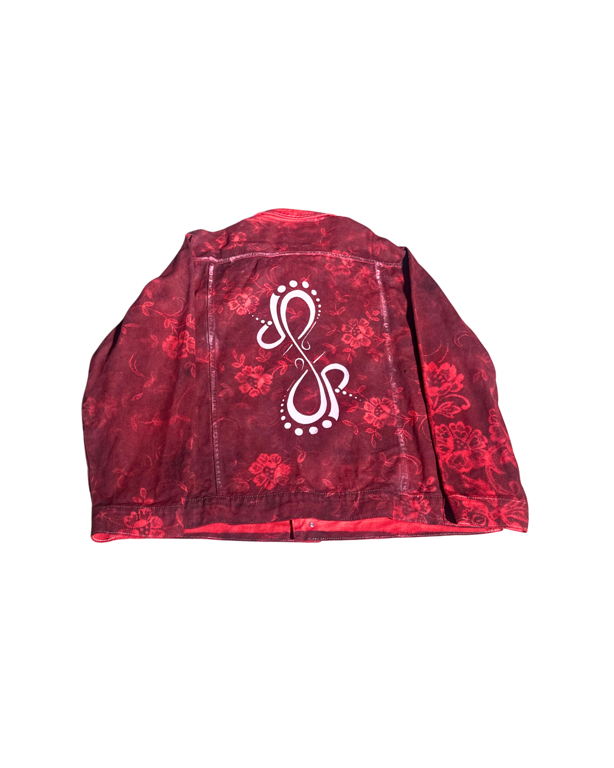 Bloody Rose crimson rose-print jacket, back with white emblem, 1-of-1 NYFW SS27 by RICHOUTHEBOX