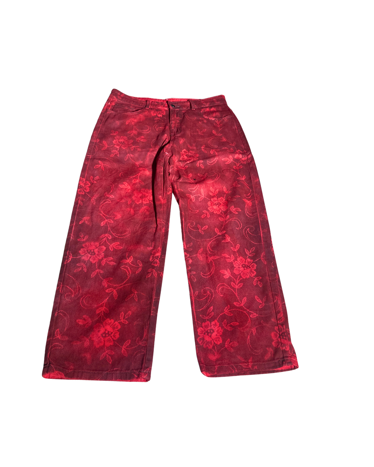 Bloody Rose crimson rose-print wide-leg pants, front, 1-of-1 NYFW SS27 by RICHOUTHEBOX