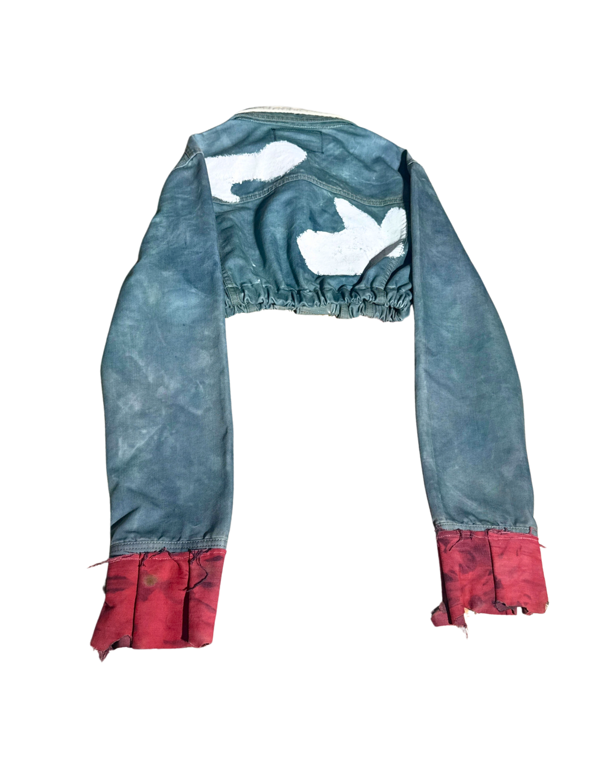 OUTHEWORLD teal cropped jacket with red cuffs, back, 1-of-1 NYFW SS27 by RICHOUTHEBOX