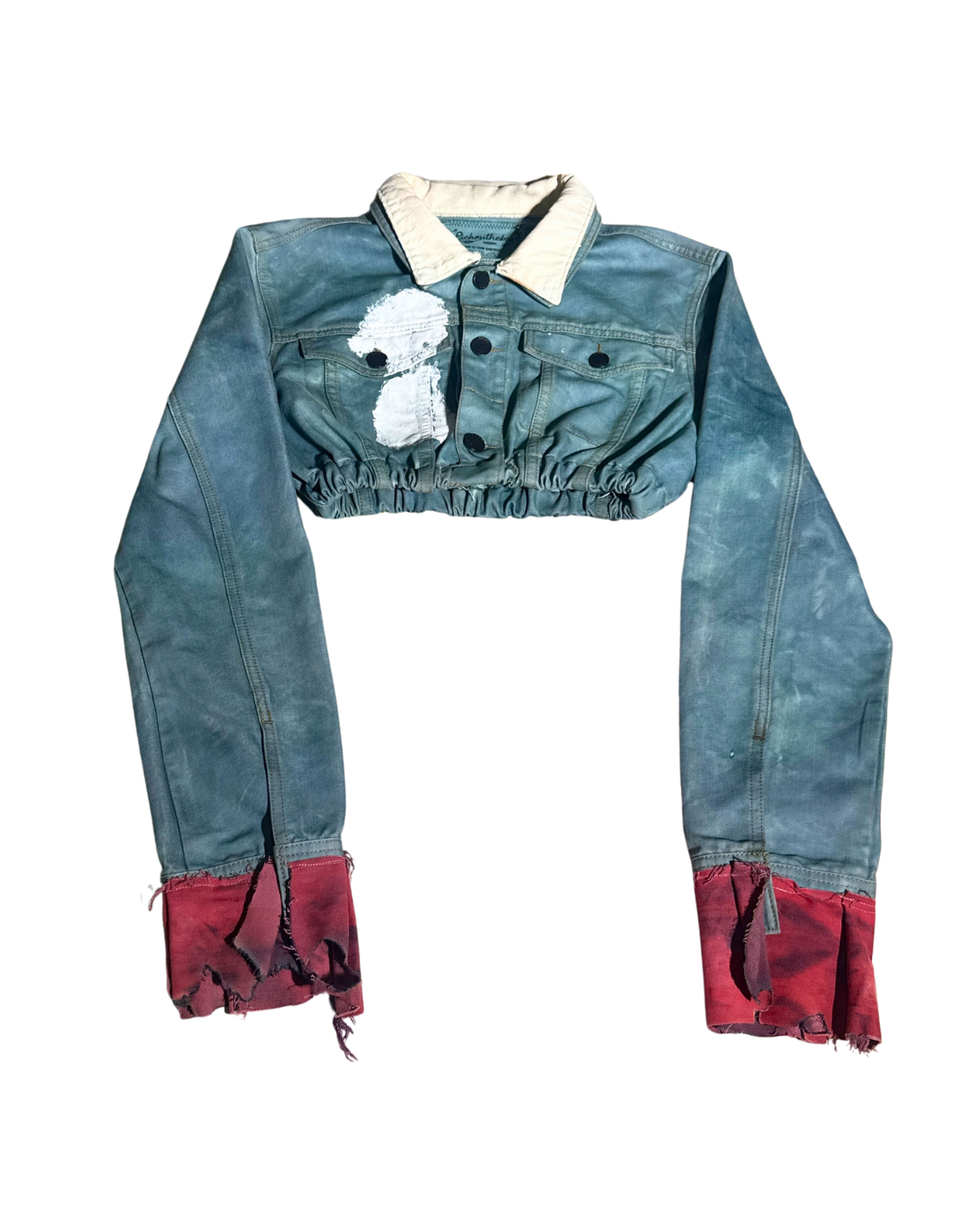 OUTHEWORLD teal cropped jacket with red cuffs, front, 1-of-1 NYFW SS27 by RICHOUTHEBOX