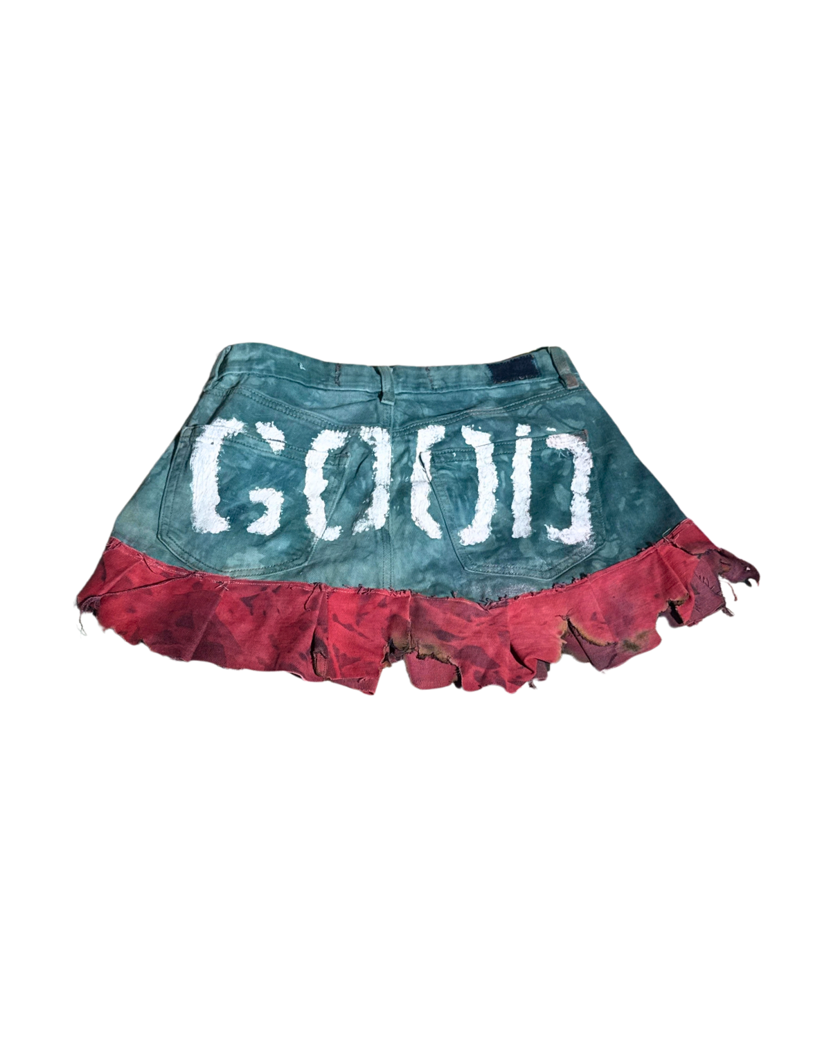 OUTHEWORLD teal mini skirt with stenciled GOOD, back, 1-of-1 NYFW SS27 by RICHOUTHEBOX