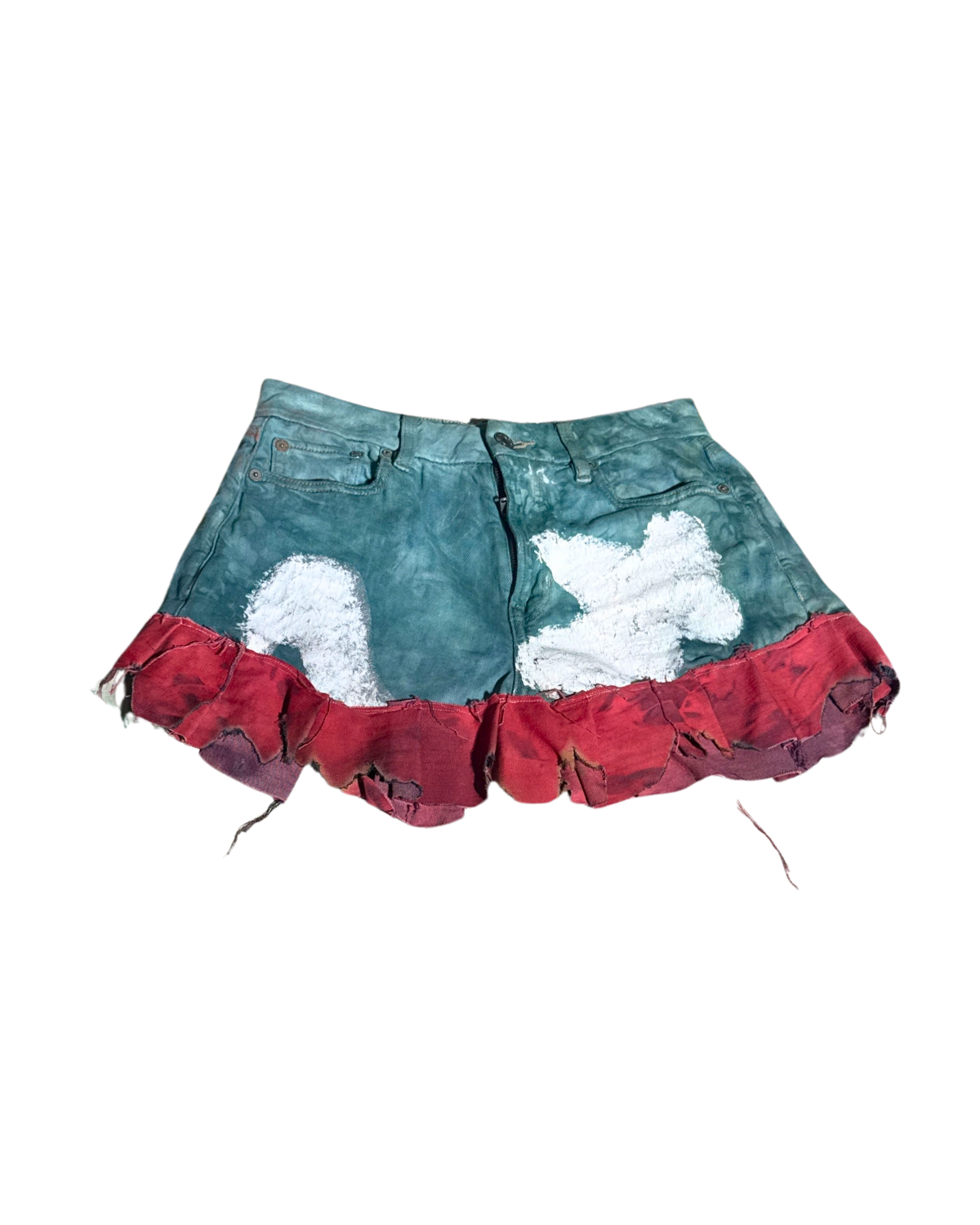 OUTHEWORLD teal mini skirt with red ruffle hem, front, 1-of-1 NYFW SS27 by RICHOUTHEBOX