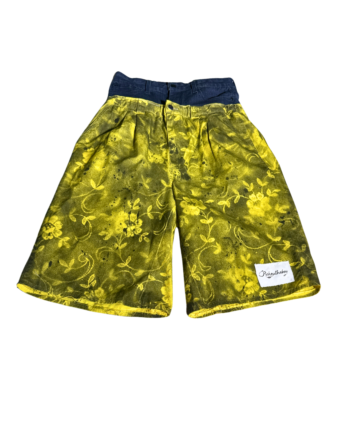Detective Dapper olive-gold floral jorts, front, 1-of-1 NYFW SS27 by RICHOUTHEBOX