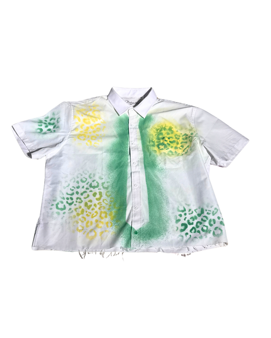 Detective Dapper white leopard-sprayed shirt, front, 1-of-1 NYFW SS27 by RICHOUTHEBOX