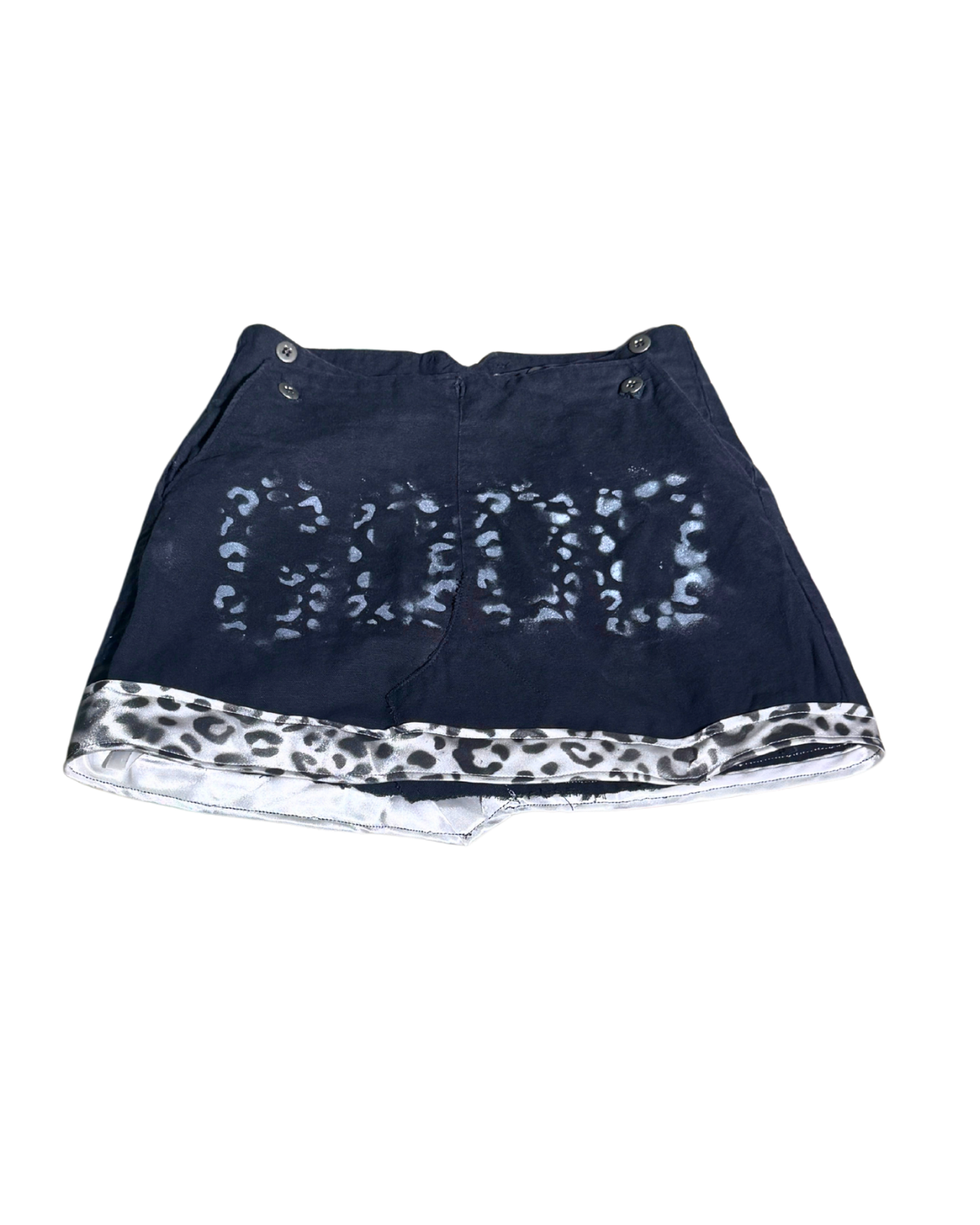 On Your Minds black mini skirt with leopard hem, front, 1-of-1 NYFW SS27 by RICHOUTHEBOX