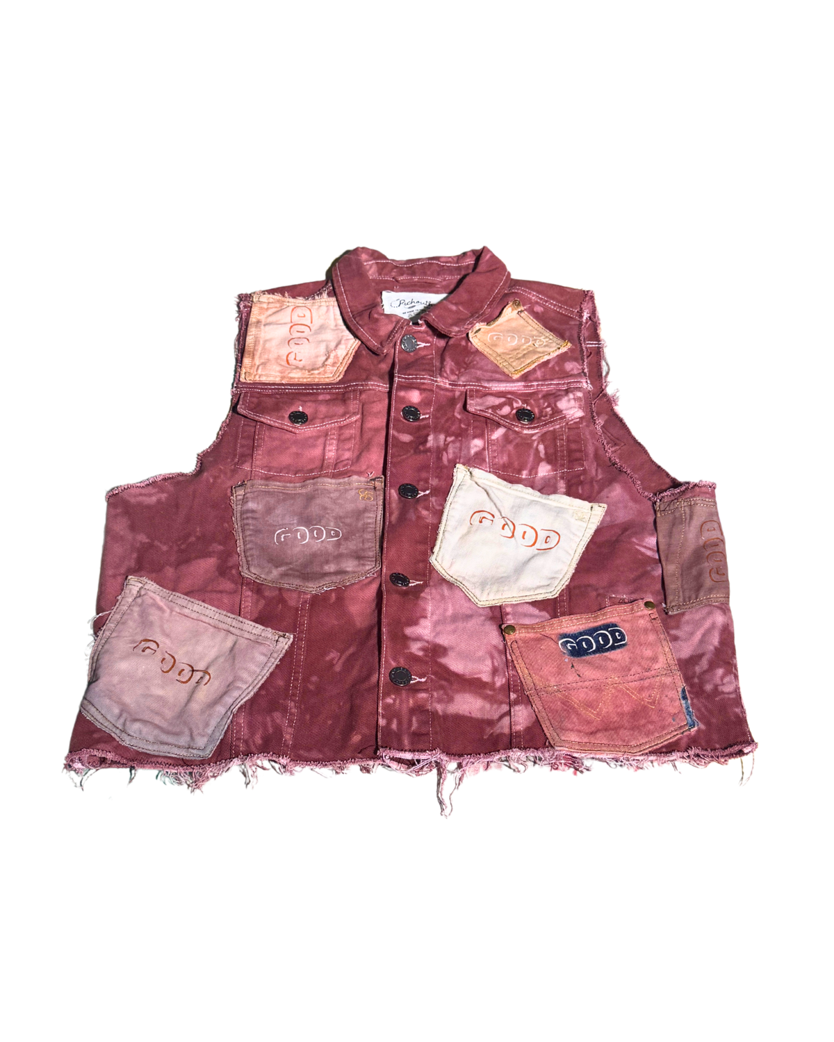 Pack A Punch maroon patchwork vest, front, 1-of-1 NYFW SS27 by RICHOUTHEBOX