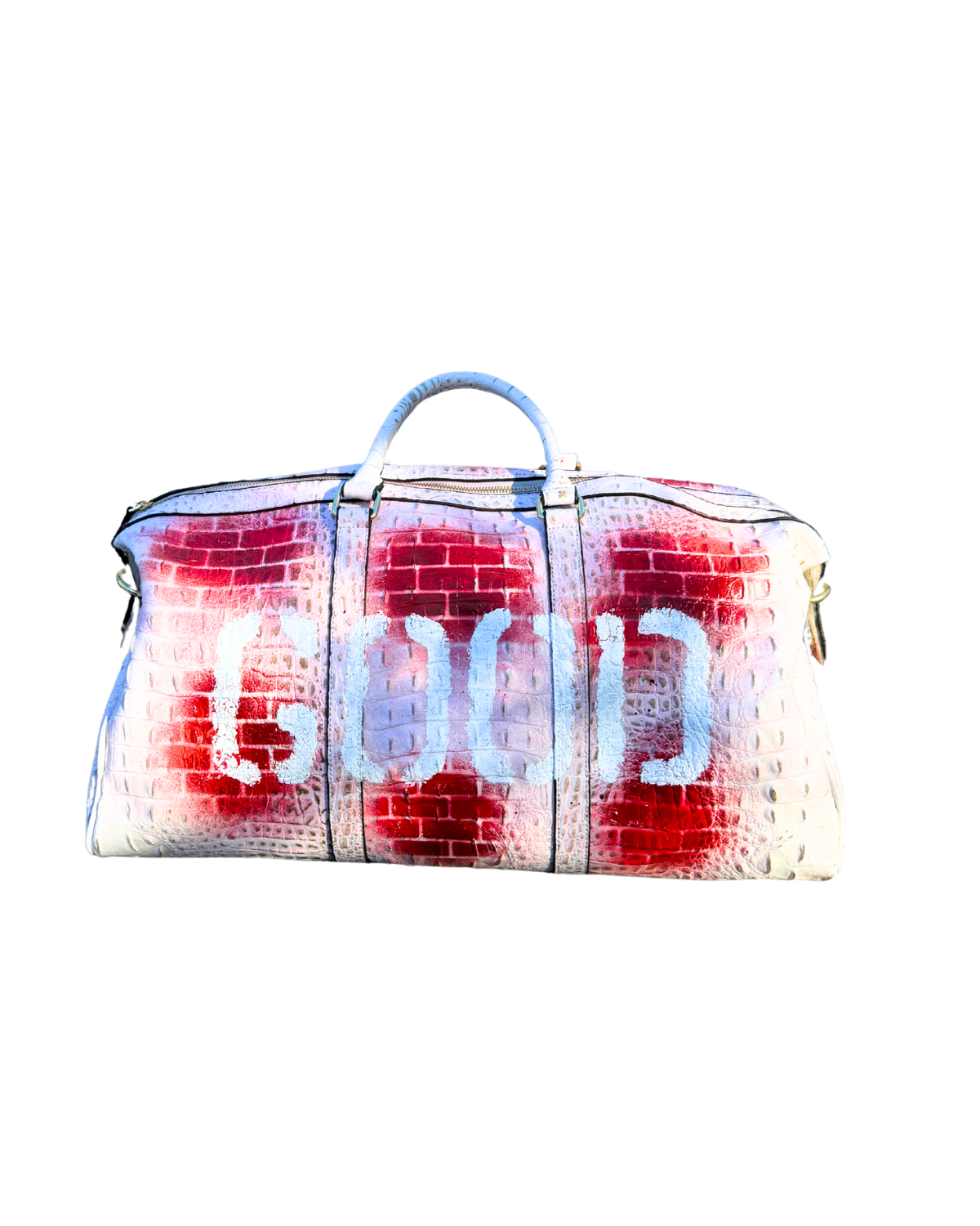 GOOD Brick Duffle, white croc-embossed vegan leather bag hand-sprayed with red brick stencil and GOOD lettering, front view