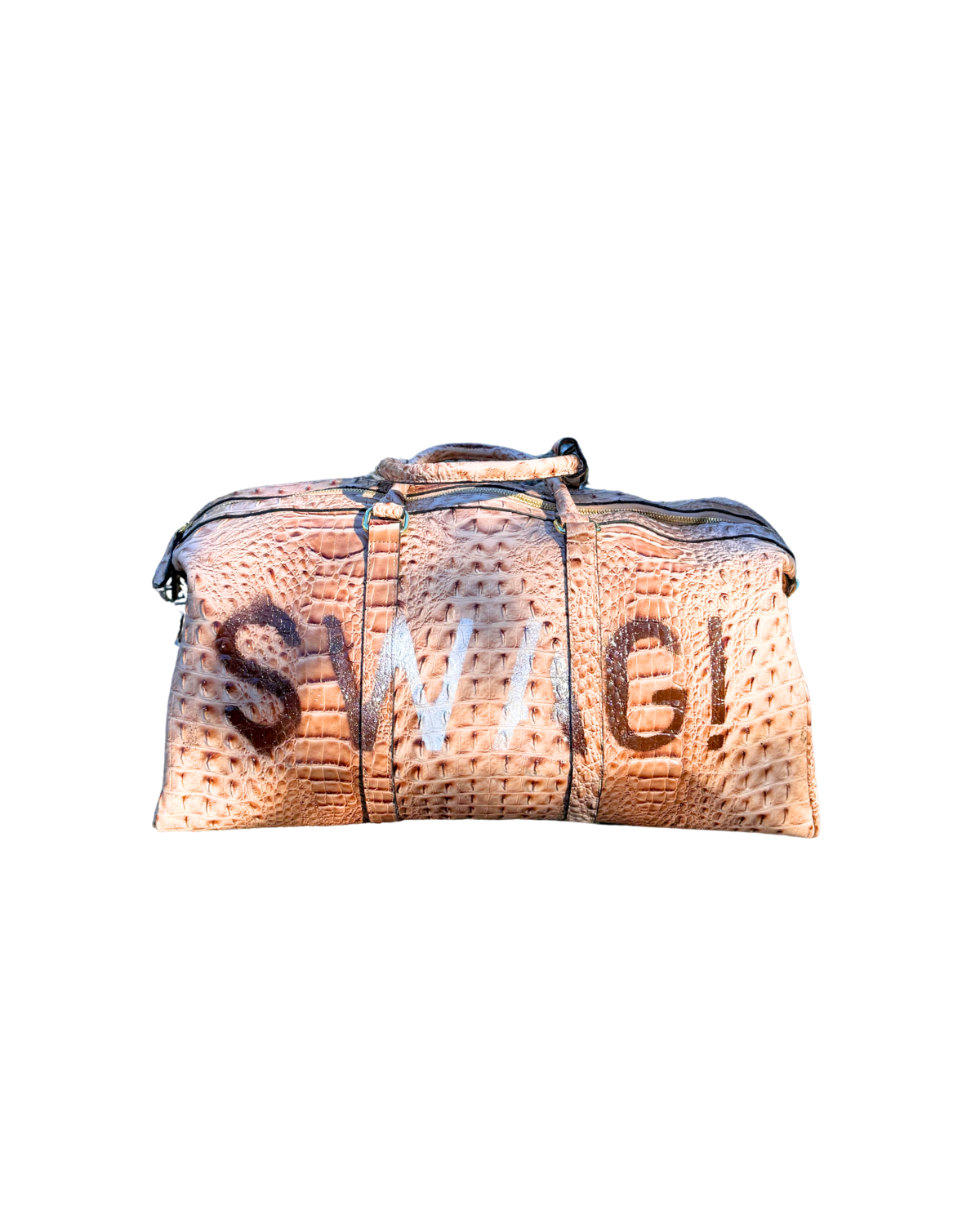 SWAG! Duffle in beige croc-embossed vegan leather with brown hand-stenciled SWAG! lettering, front view