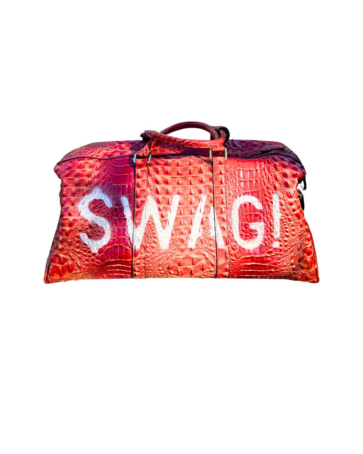 SWAG! Duffle in rust-red croc-embossed vegan leather with white hand-stenciled SWAG! lettering, front view