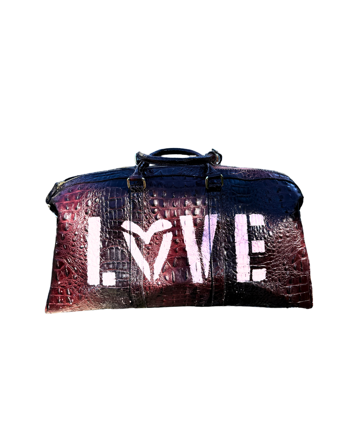LOVE Duffle in burgundy and navy croc-embossed vegan leather with white hand-stenciled LOVE lettering, front view