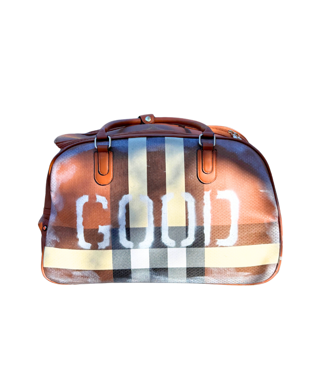 GOOD Roller, cognac vegan leather rolling duffle hand-painted with stripes and GOOD lettering, front view