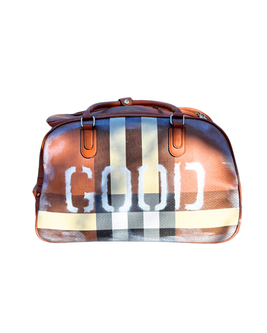 GOOD Roller, cognac vegan leather rolling duffle hand-painted with stripes and GOOD lettering, front view