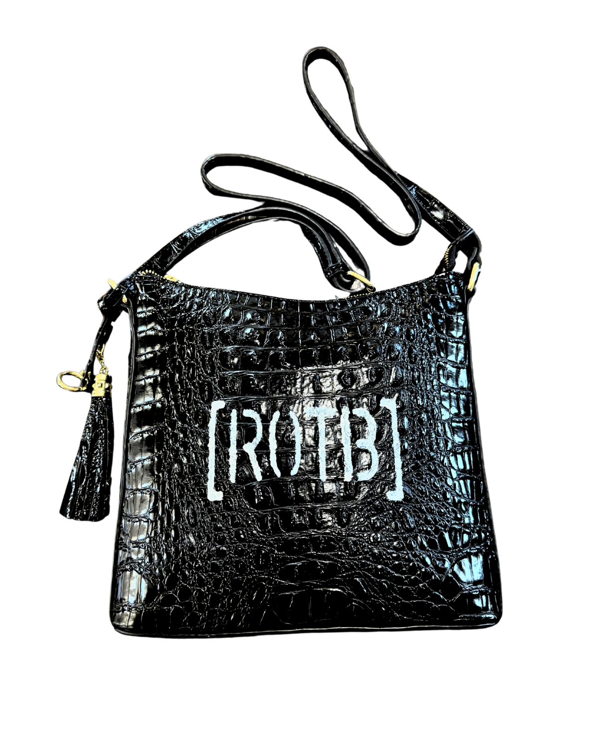 [ROTB] Croc Shoulder Bag in black patent croc-embossed vegan leather with white hand-stenciled ROTB logo, front view