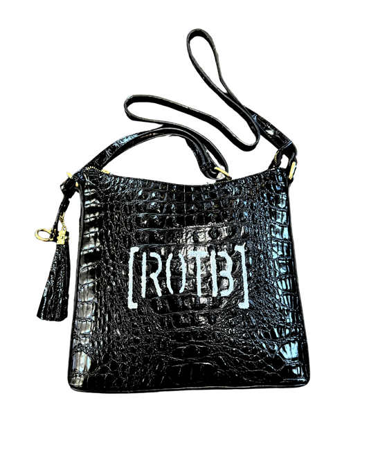 [ROTB] Croc Shoulder Bag in black patent croc-embossed vegan leather with white hand-stenciled ROTB logo, front view
