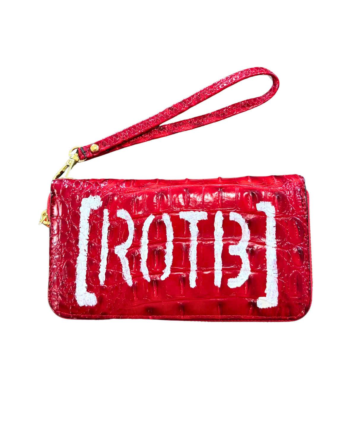 [ROTB] Croc Card Holder, red croc-embossed vegan leather zip wallet wristlet with white ROTB logo, front view
