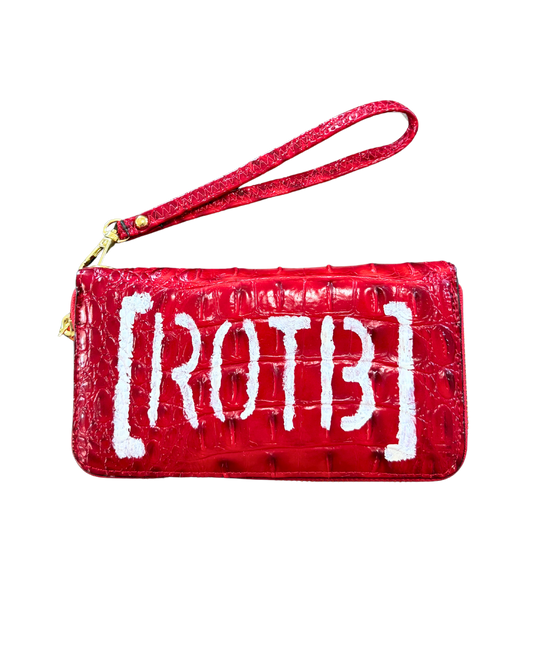 [ROTB] Croc Card Holder, red croc-embossed vegan leather zip wallet wristlet with white ROTB logo, front view