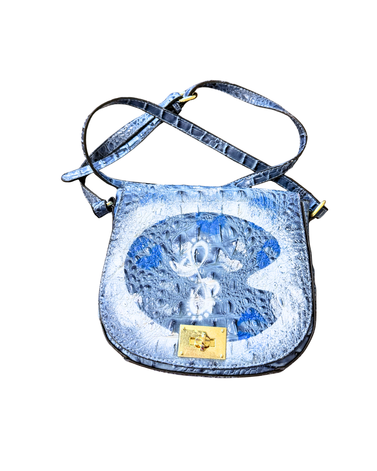 Painter Saddle Bag, blue croc-embossed vegan leather crossbody hand-painted with white painter's palette, front view
