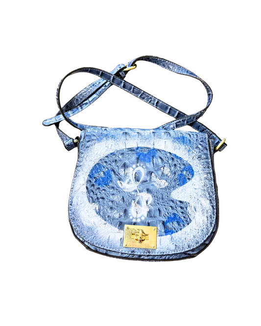 Painter Saddle Bag, blue croc-embossed vegan leather crossbody hand-painted with white painter's palette, front view
