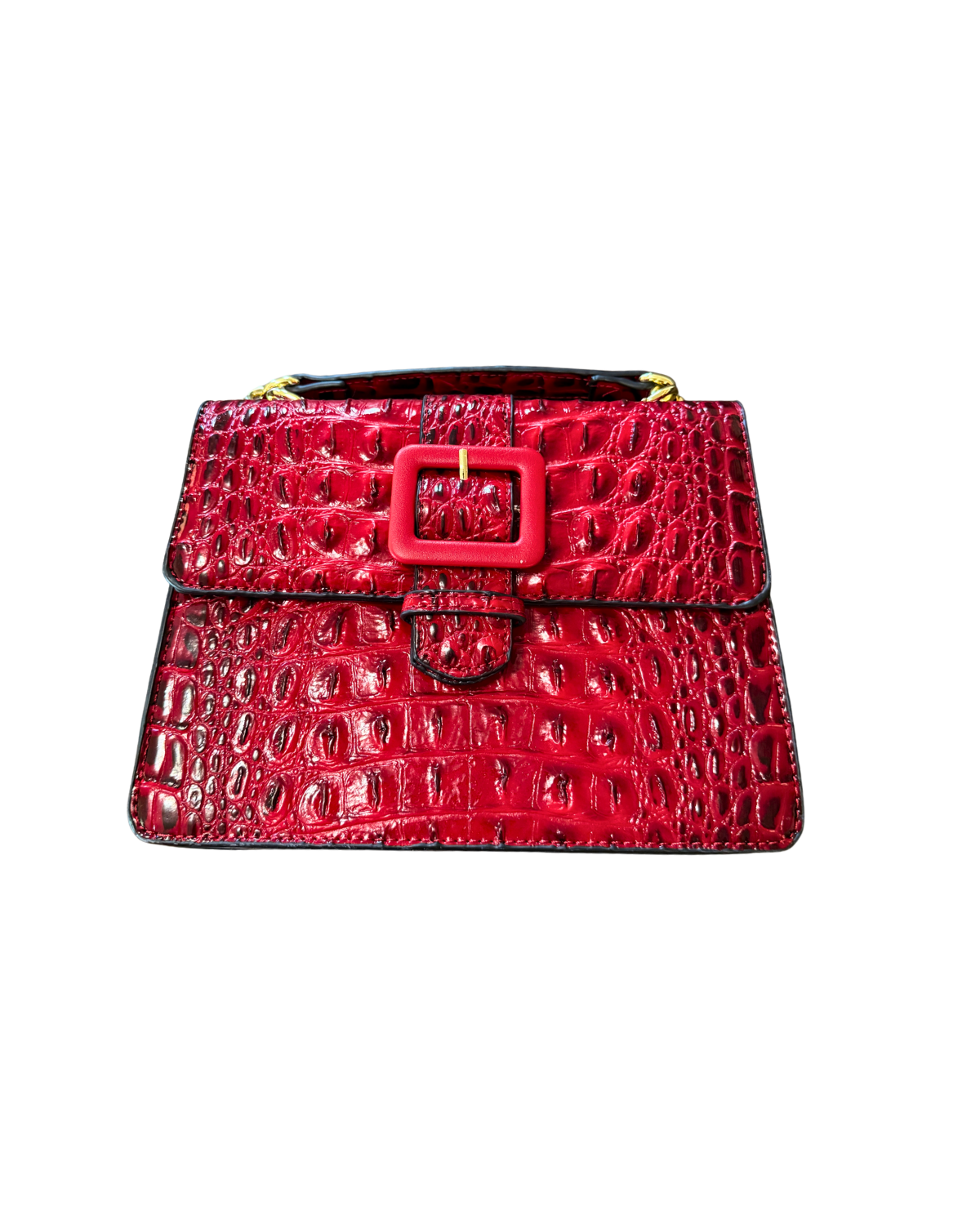 Red Croc Buckle Bag, red croc-embossed vegan leather top-handle handbag with oversized buckle, front view