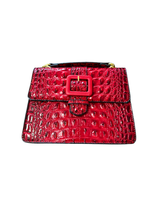Red Croc Buckle Bag, red croc-embossed vegan leather top-handle handbag with oversized buckle, front view