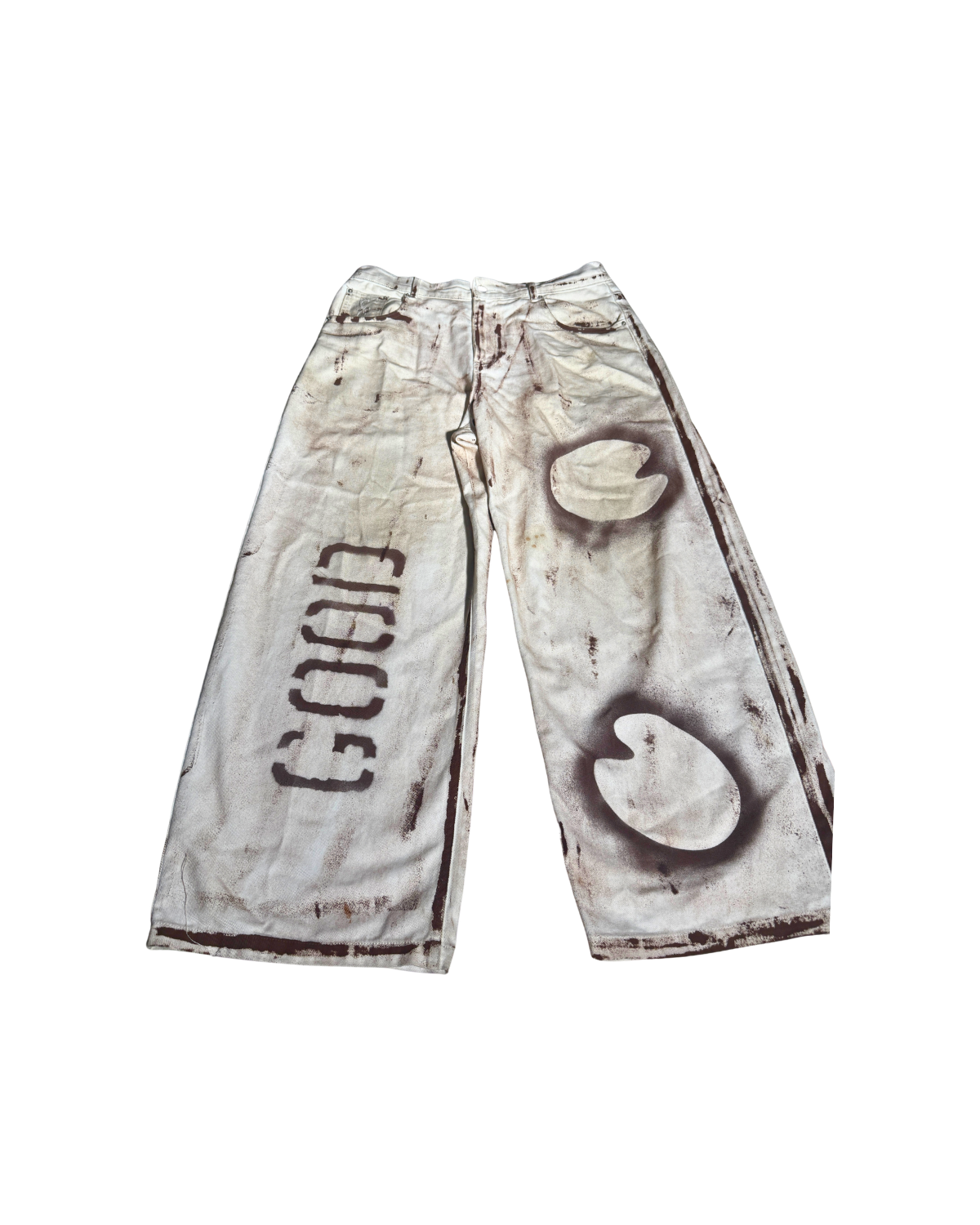 Creative Spectrum stenciled GOOD wide-leg pants, front, 1-of-1 NYFW SS27 by RICHOUTHEBOX