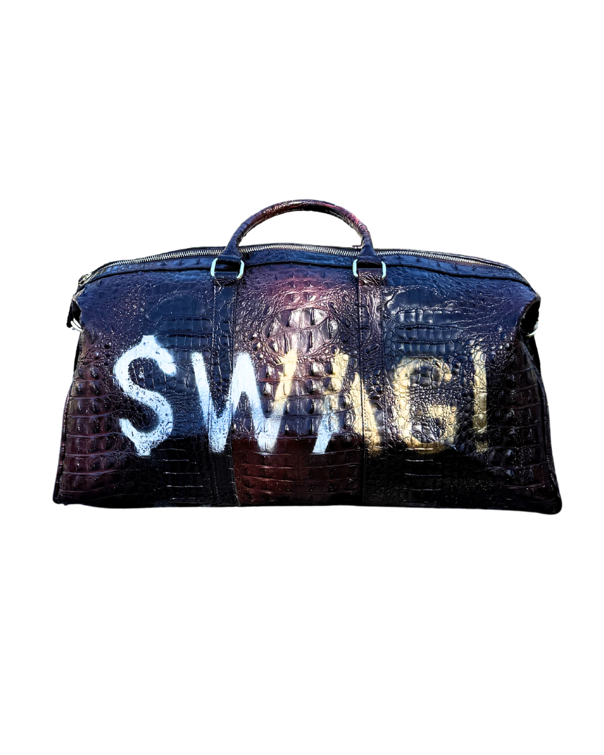 $WAG! Duffle in coffee and navy croc-embossed vegan leather with white hand-stenciled $WAG! lettering, front view