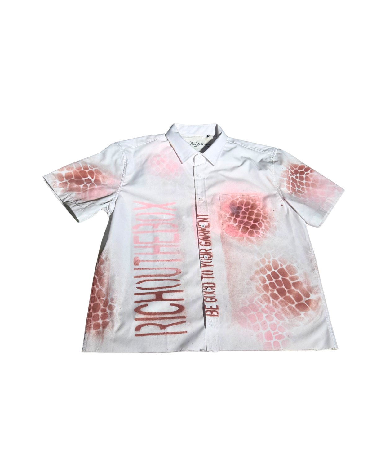Sunset Stroll white croc-texture sprayed shirt, front, 1-of-1 NYFW SS27 by RICHOUTHEBOX
