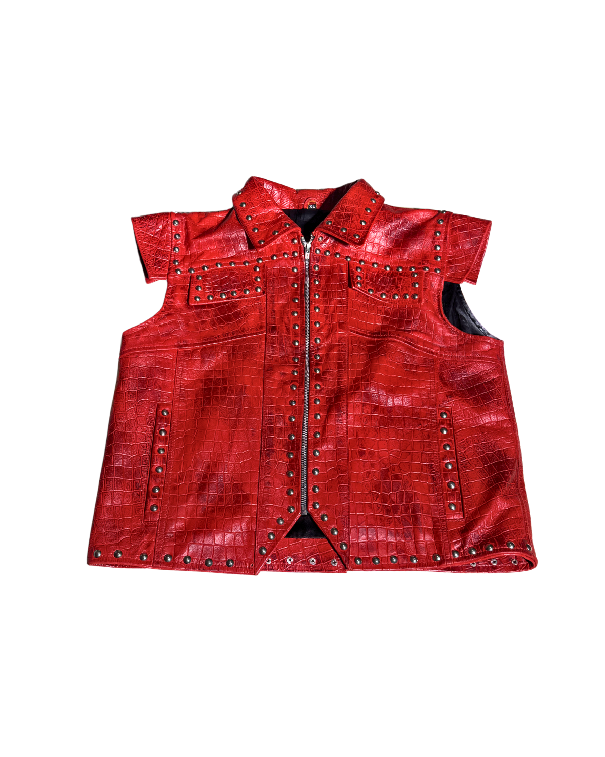 OUTHEBOX red croc-textured studded jacket, front, 1-of-1 NYFW SS27 by RICHOUTHEBOX