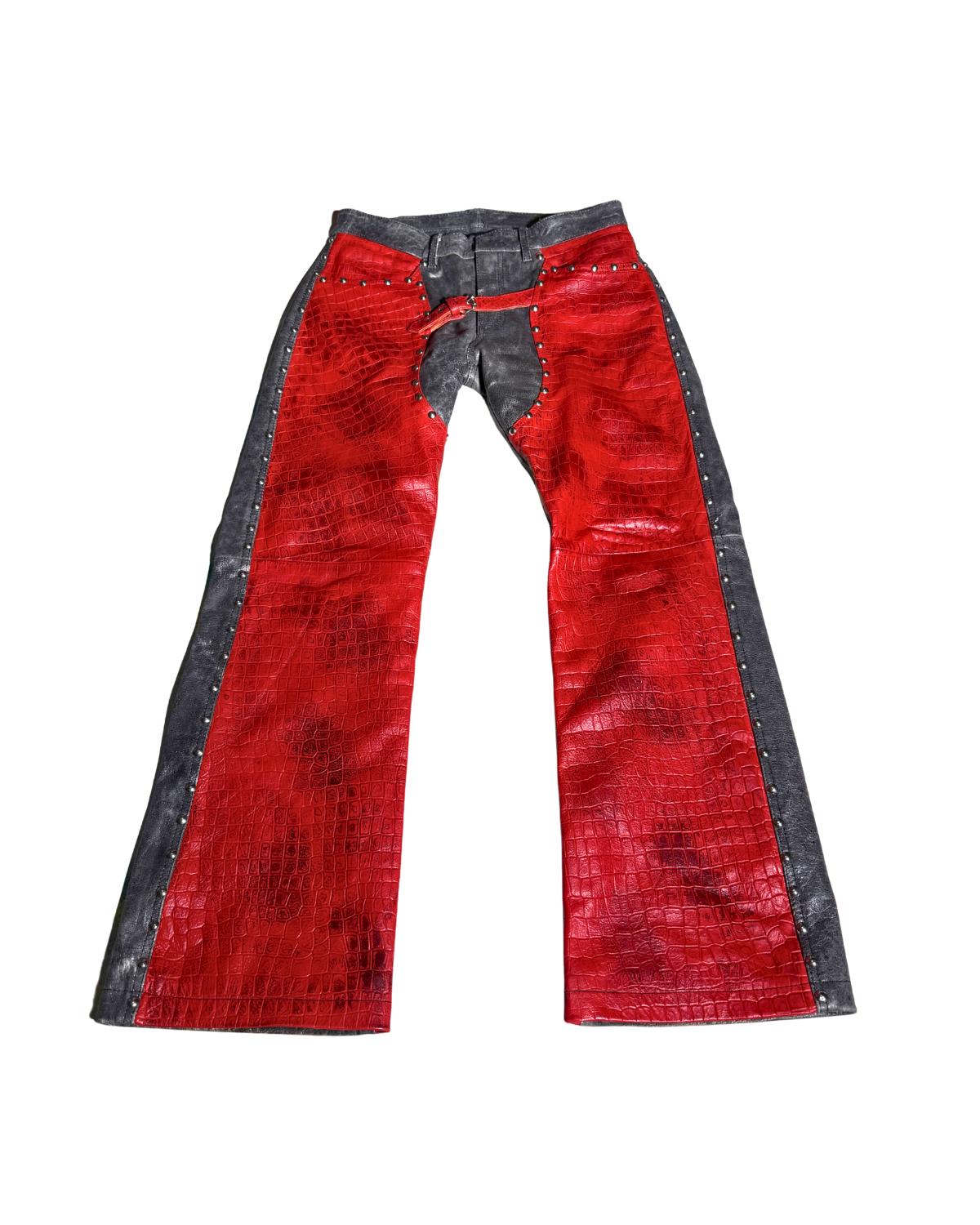 OUTHEBOX charcoal wide-leg pants with red panels, front, 1-of-1 NYFW SS27 by RICHOUTHEBOX