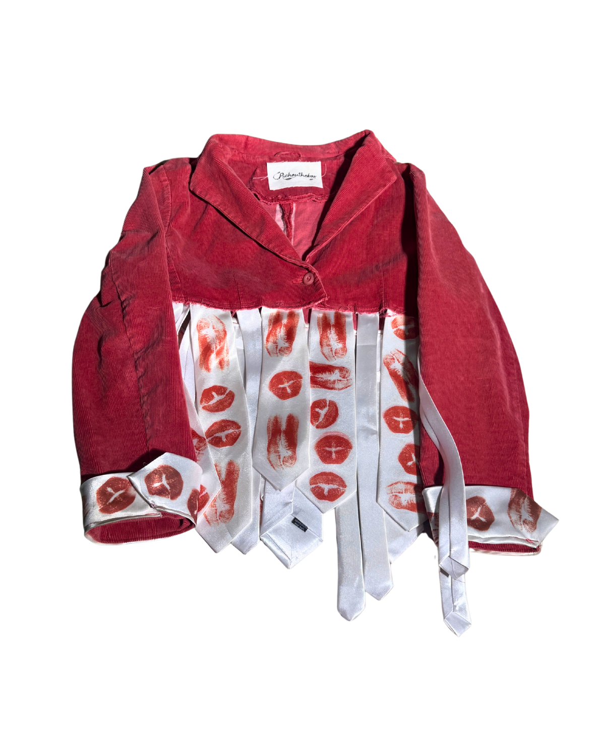 Flow of Love crimson blazer with lip-print ribbon fringe, front, 1-of-1 NYFW SS27 by RICHOUTHEBOX