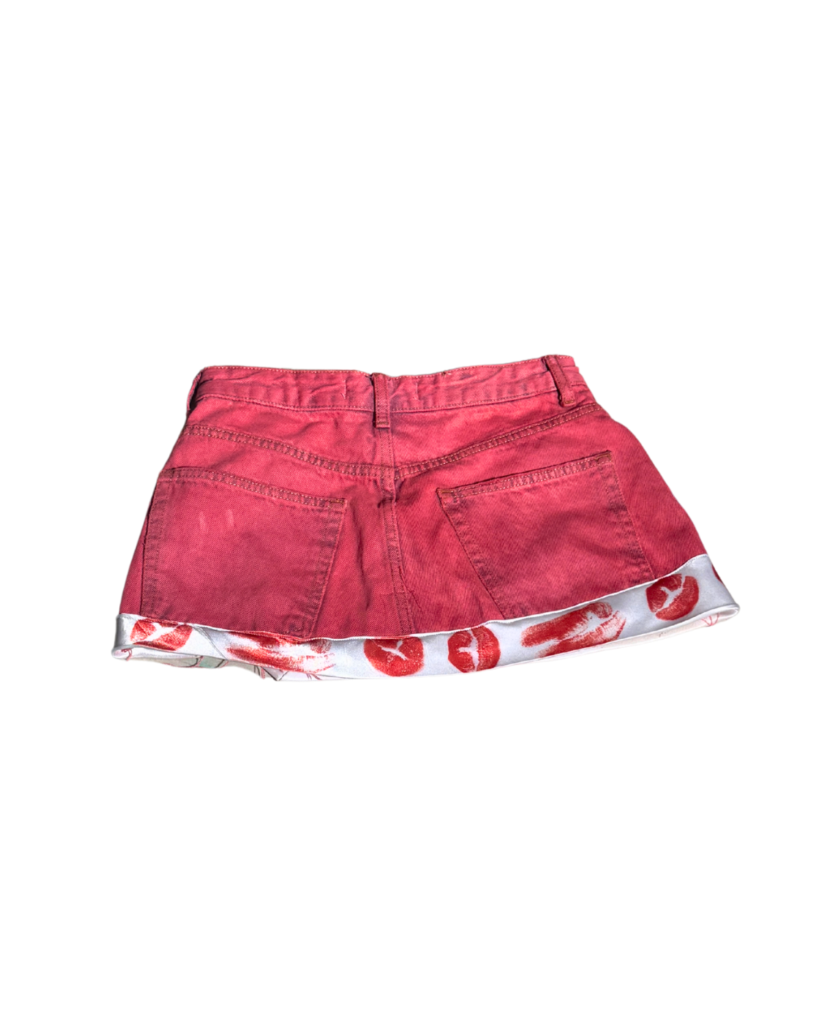 Flow of Love red mini skirt with lip-print hem, back, 1-of-1 NYFW SS27 by RICHOUTHEBOX