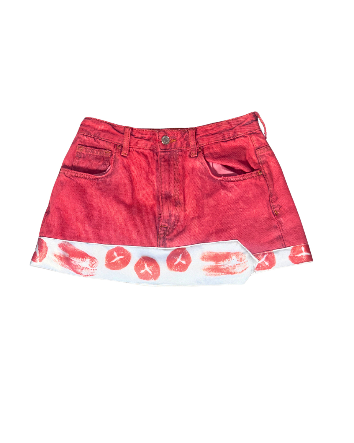 Flow of Love red mini skirt with lip-print hem, front, 1-of-1 NYFW SS27 by RICHOUTHEBOX