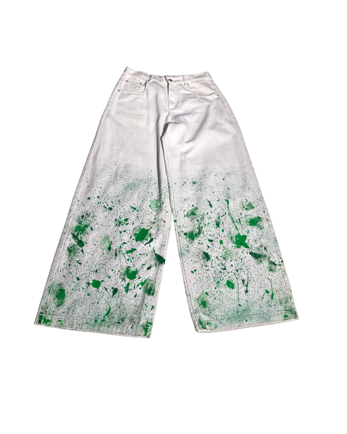 Blending Out white wide-leg pants with green splatter, back, 1-of-1 NYFW SS27 by RICHOUTHEBOX