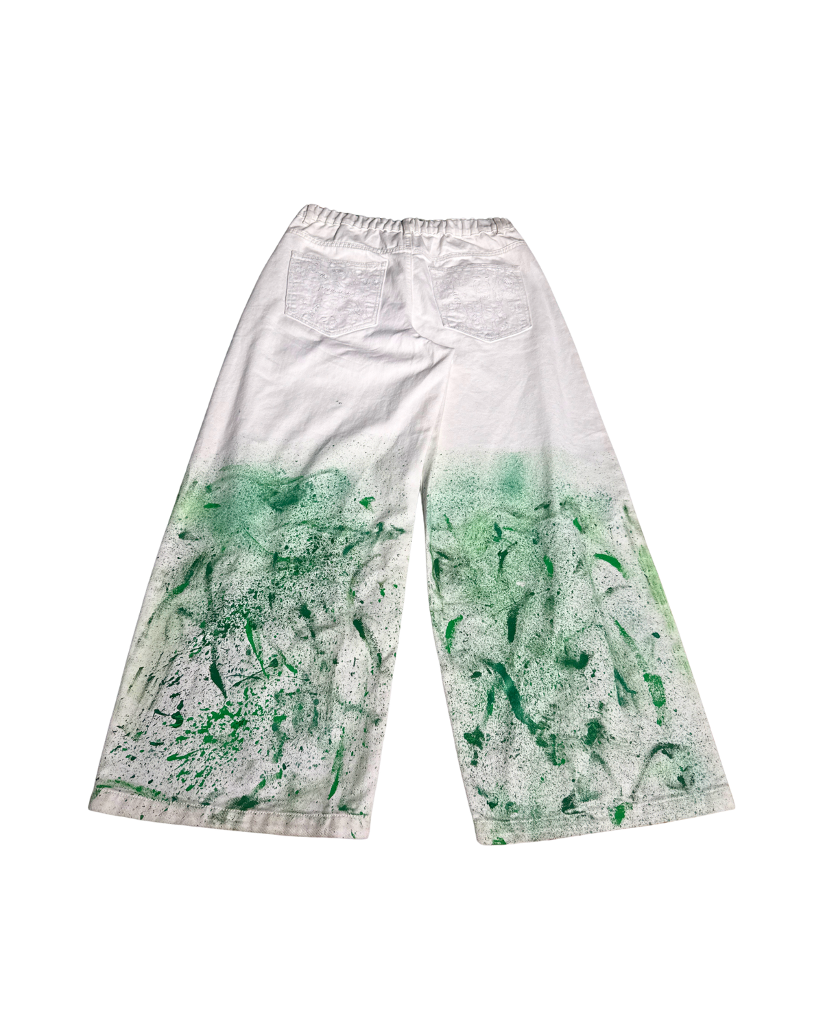 Blending Out white wide-leg pants with green splatter, front, 1-of-1 NYFW SS27 by RICHOUTHEBOX