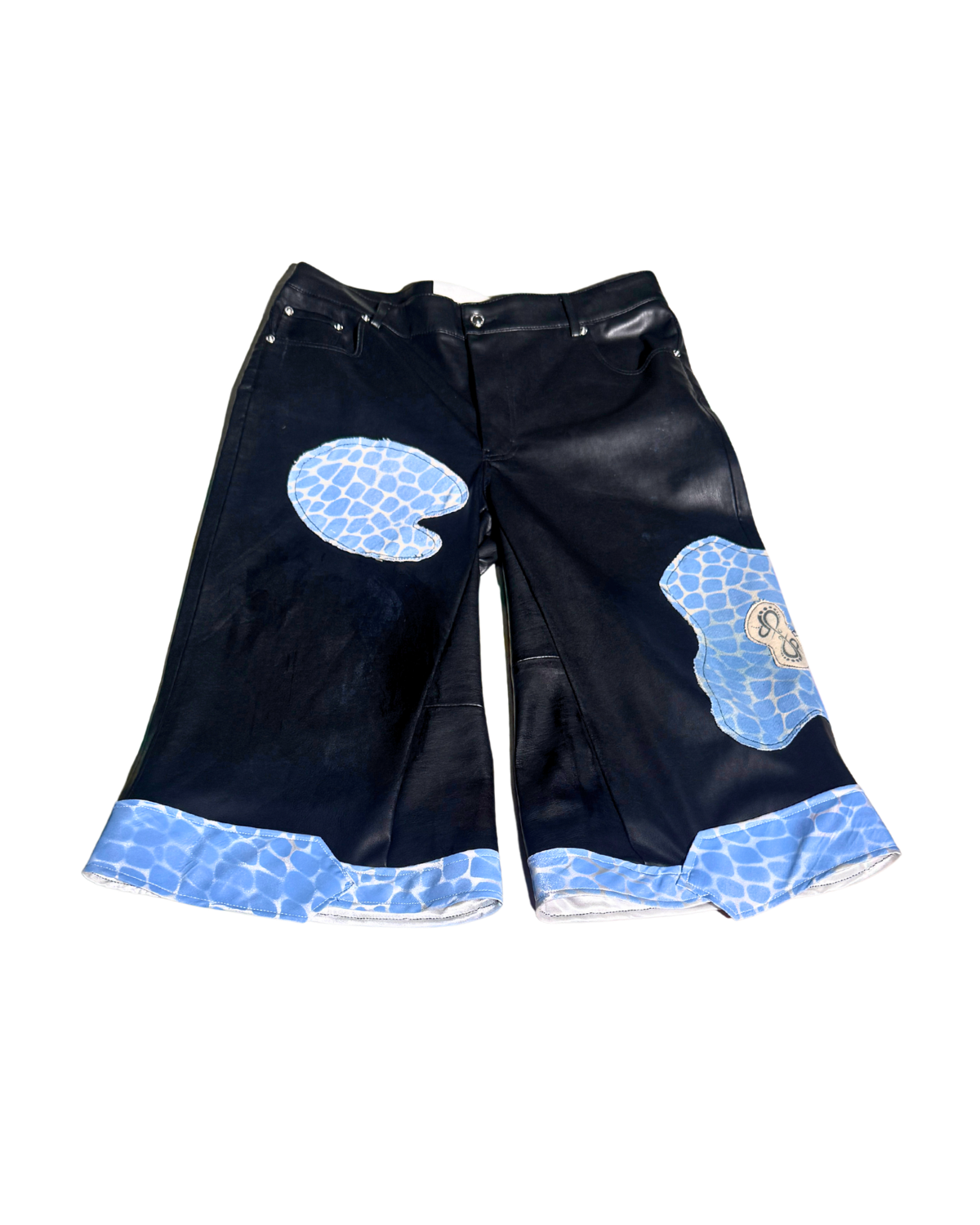Rockstar Sw@g black wide-leg pants with blue patches, front, 1-of-1 NYFW SS27 by RICHOUTHEBOX