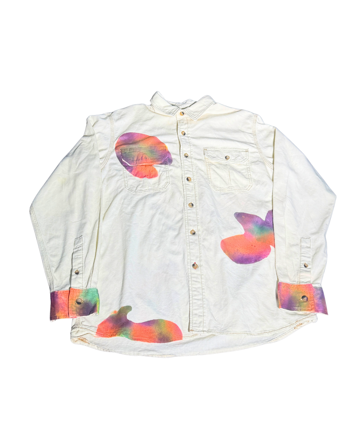 Painter's Muse Button-Up, cream shirt with spray-painted rainbow forms and painted cuffs, front view