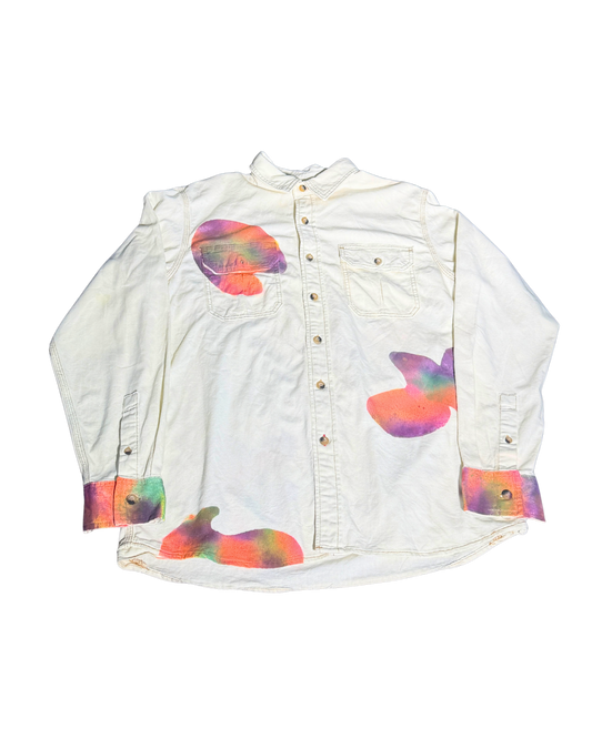 Painter's Muse Button-Up, cream shirt with spray-painted rainbow forms and painted cuffs, front view