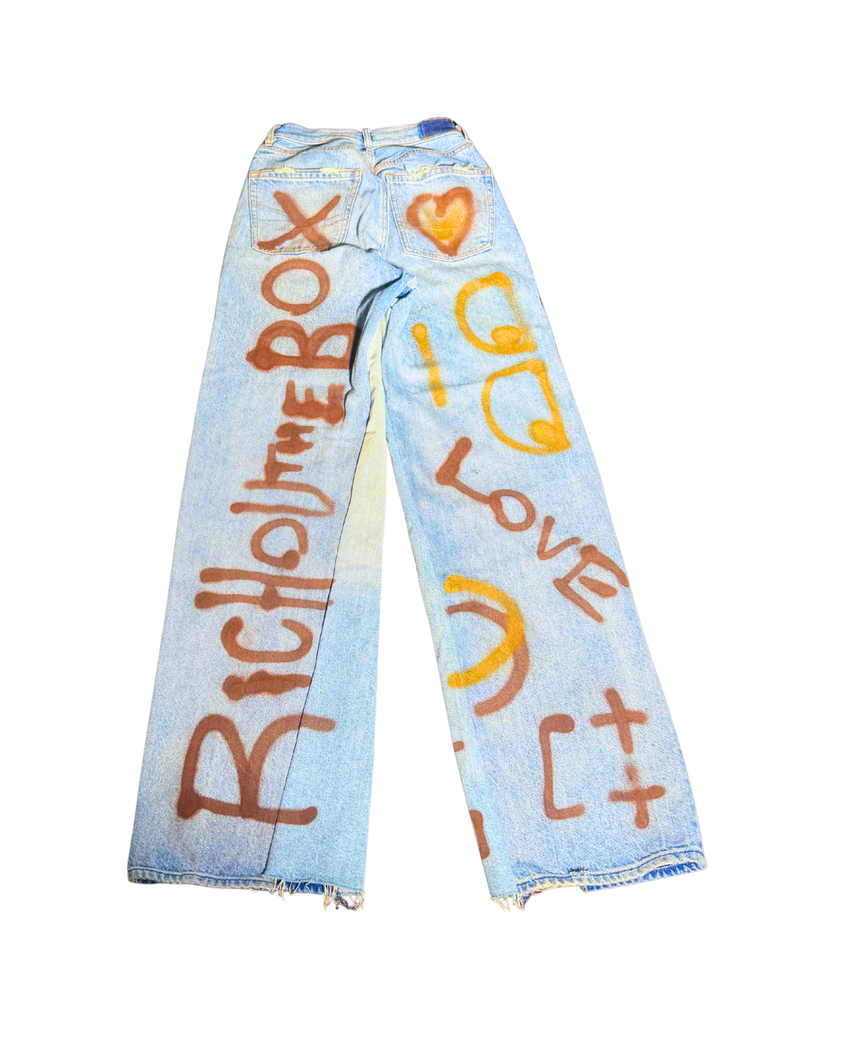 RICHOUTHEBOX Love Jeans, light-wash jeans hand-painted with RICHOUTHEBOX, GOOD and LOVE lettering