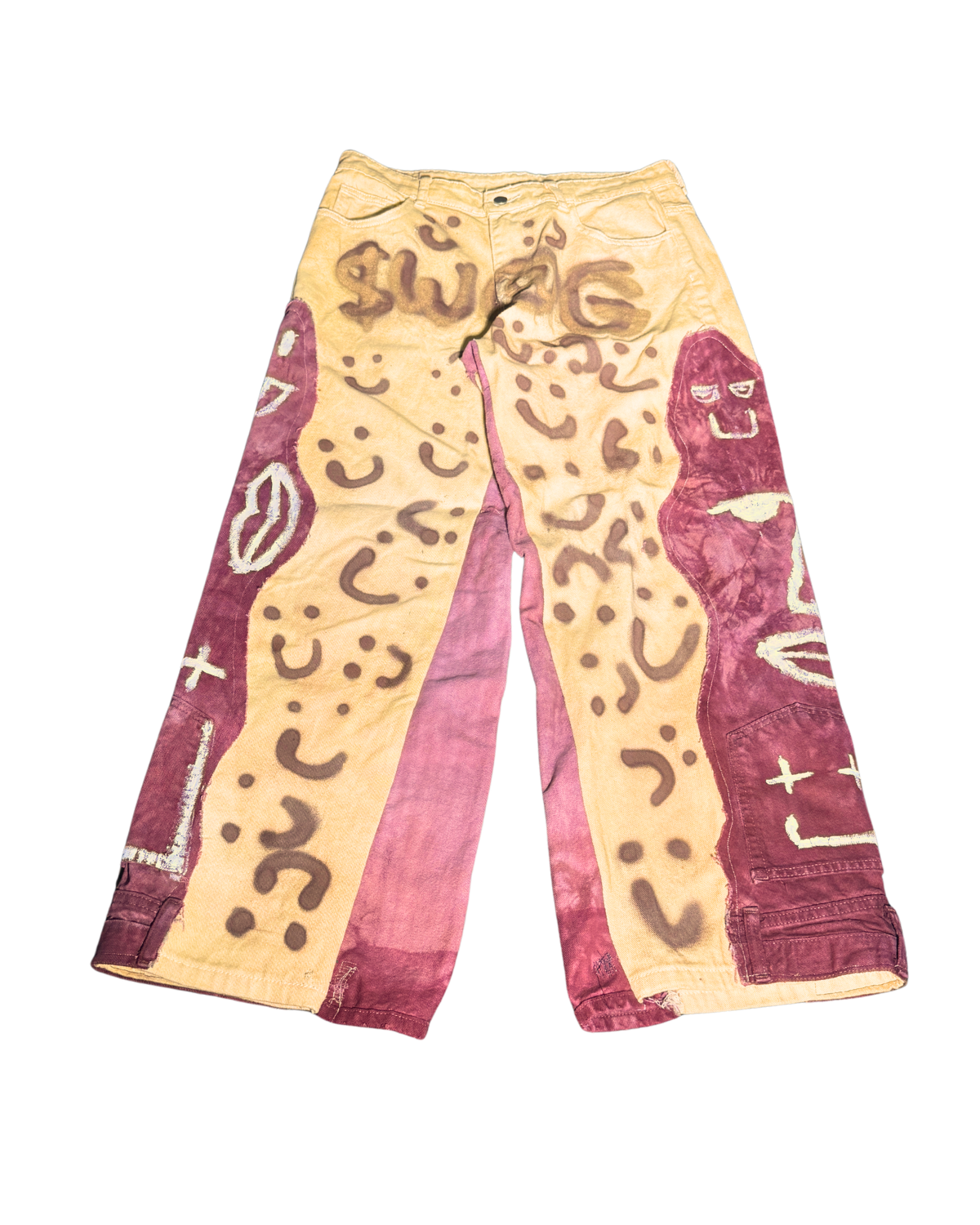 SWAG Painted Pants, sand and burgundy wide-leg pants hand-painted with SWAG lettering and face motifs, front view