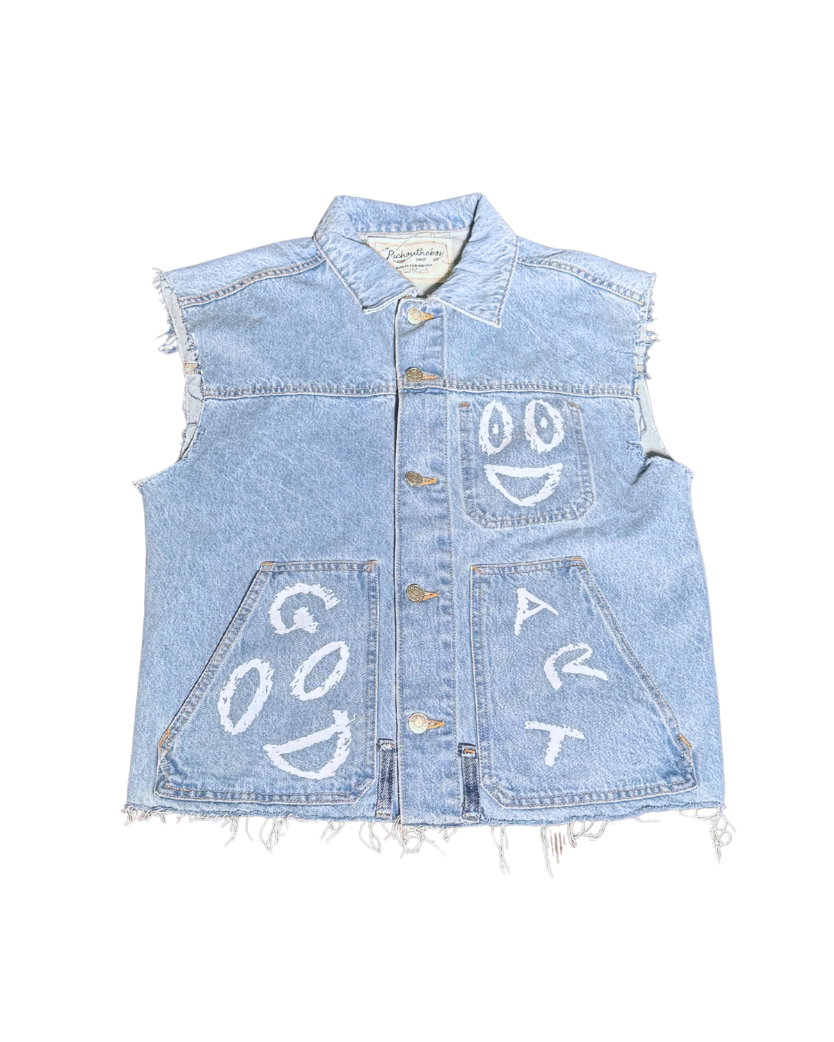 GOOD ART Denim Vest, upcycled light-wash denim vest hand-painted with GOOD ART lettering and smiley face, front view